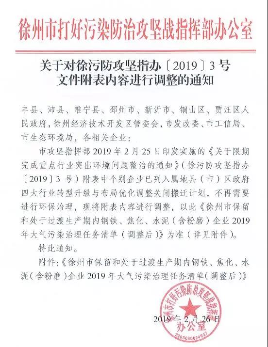 《徐州處于保留和過渡期內鋼鐵、水泥、焦化企業2019年大氣污染治理任務清單》
